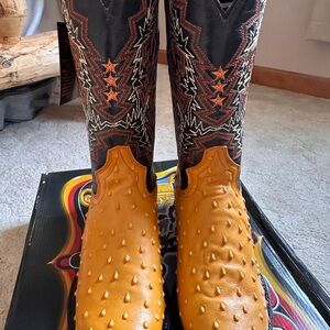 Men's Two-Tone Ostrich Leather Cowboy Boots - Black & Tan Size 10